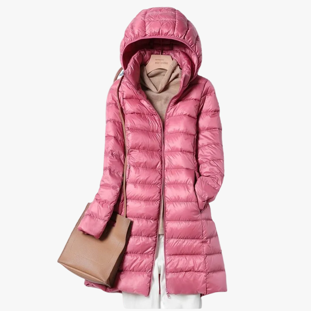 Damen Longline Nylon-Pufferjacke mit Kapuze in Rosa
