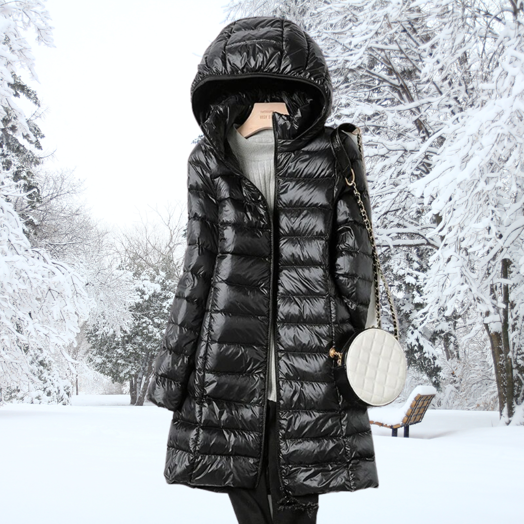 Damen Longline Nylon-Pufferjacke mit Kapuze in Schwarz