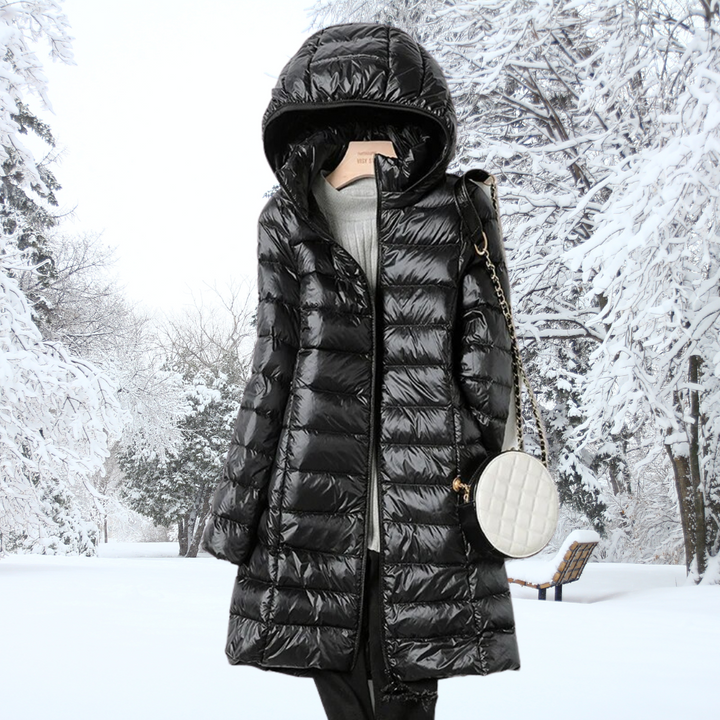Damen Longline Nylon-Pufferjacke mit Kapuze in Schwarz