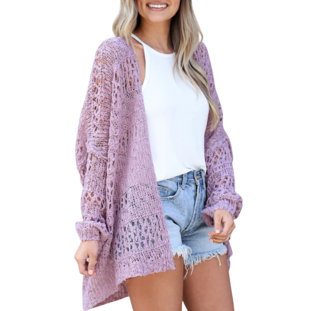 Damen Luftige Boho Strickjacke für den Herbst in Lila