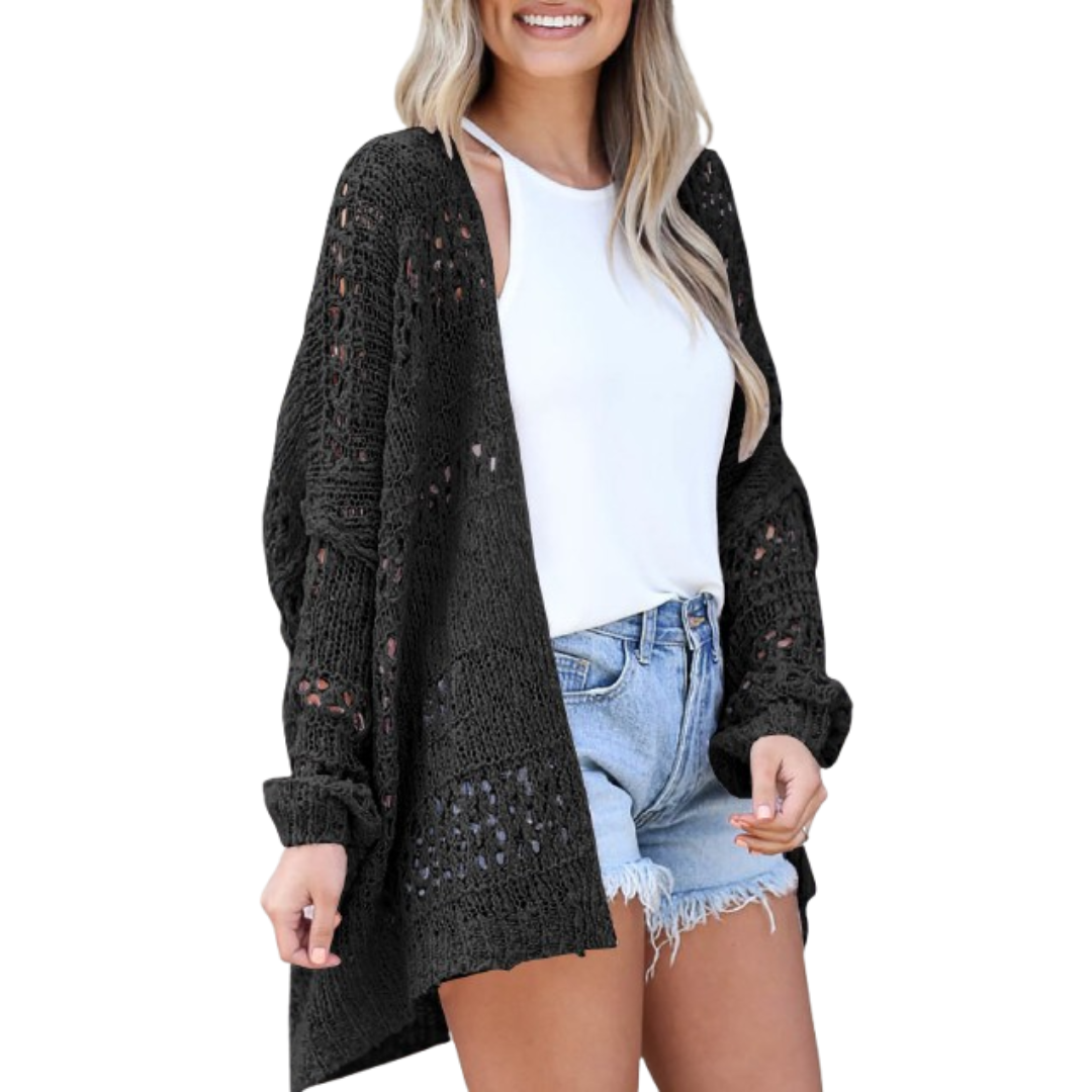 Damen Luftige Boho Strickjacke für den Herbst in Schwarz