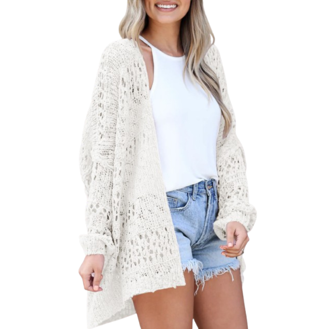 Damen Luftige Boho Strickjacke für den Herbst in Weiß