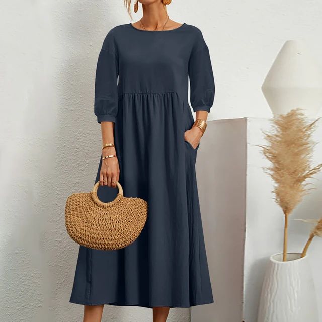 Damen Luftiges Leinensommerkleid in Marineblau