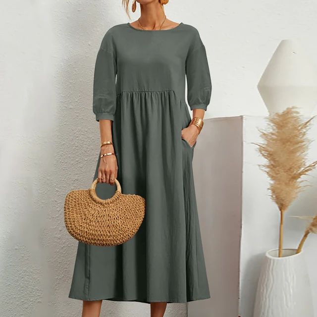 Damen Luftiges Leinensommerkleid in Moosgrün