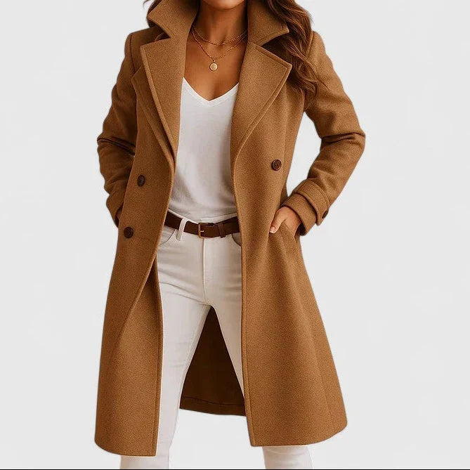 Damen Mantel elegant zweireihig Longline in Braun