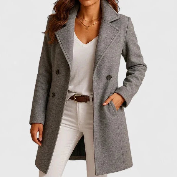 Damen Mantel elegant zweireihig Longline in Grau