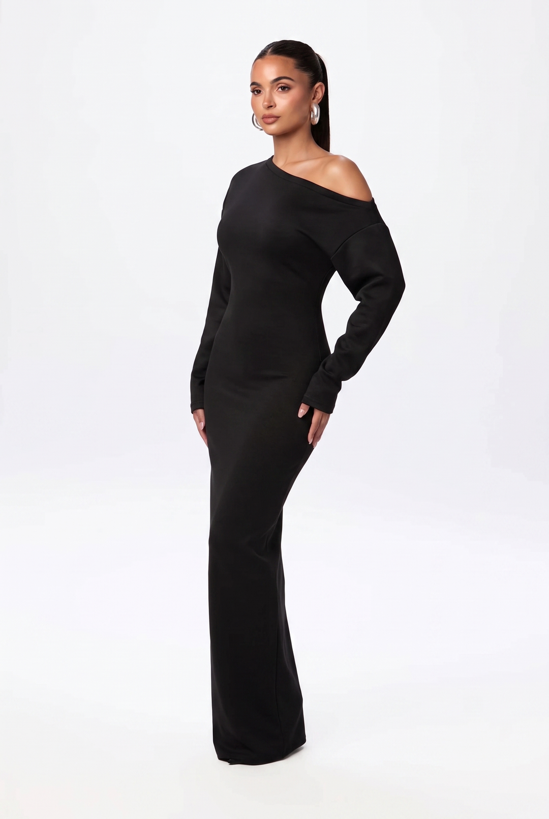Damen Maxi Abendkleid mit einseitigem Ausschnitt in Schwarz 1