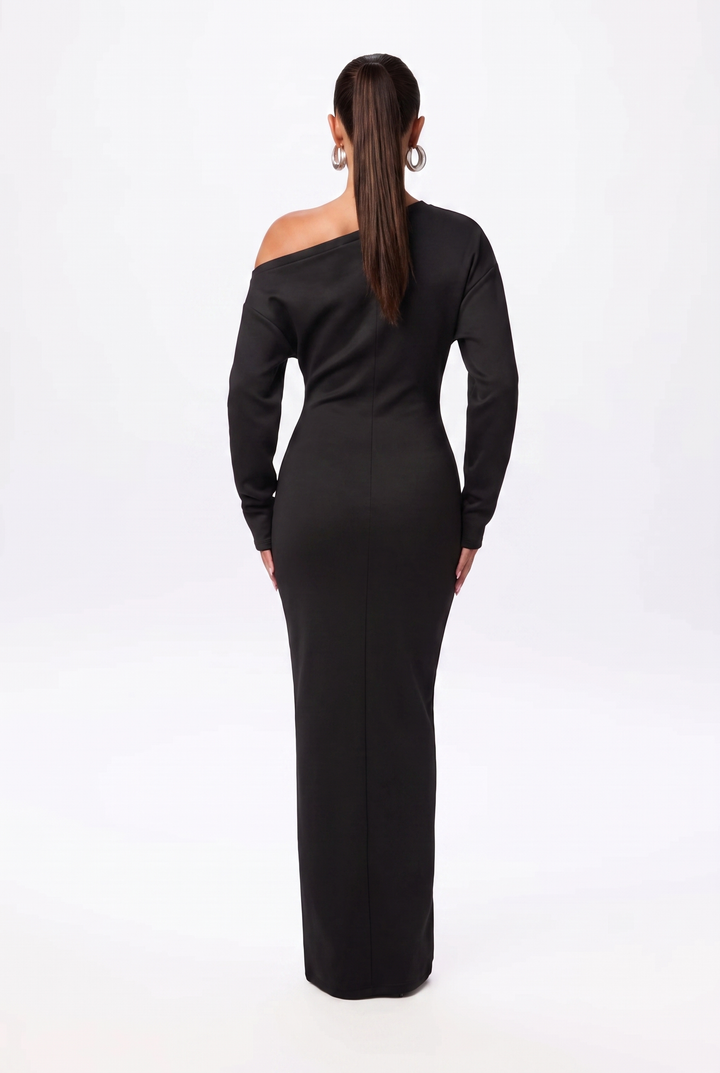 Damen Maxi Abendkleid mit einseitigem Ausschnitt in Schwarz 2