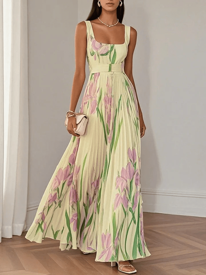 Damen Maxi Hochzeitsgast Kleid mit Blumenmuster ärmellos für den Sommer in Gelb