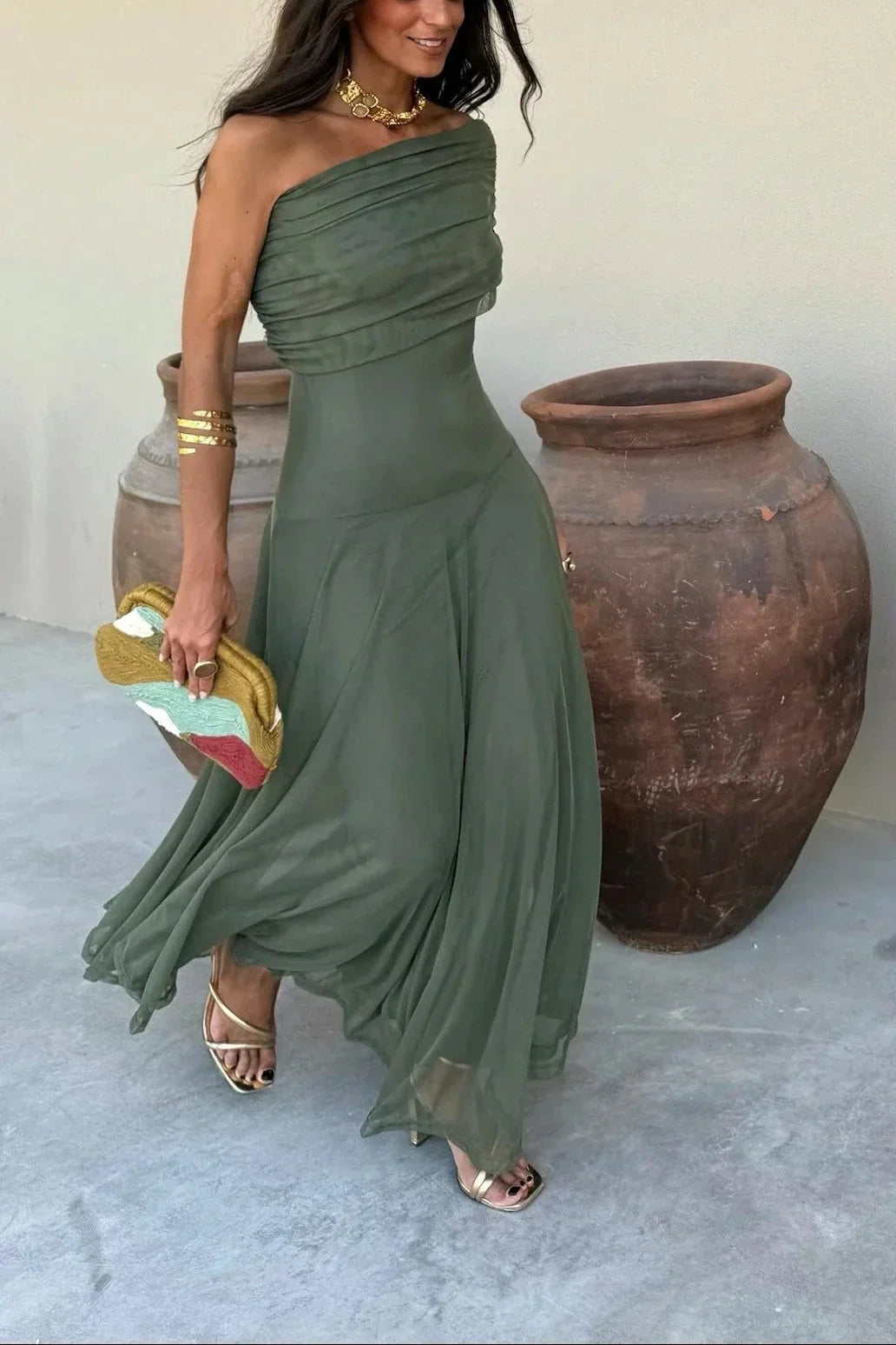 Damen Maxikleid für Hochzeitsgäste im Sommer mit One-Shoulder und Rüschung (11)