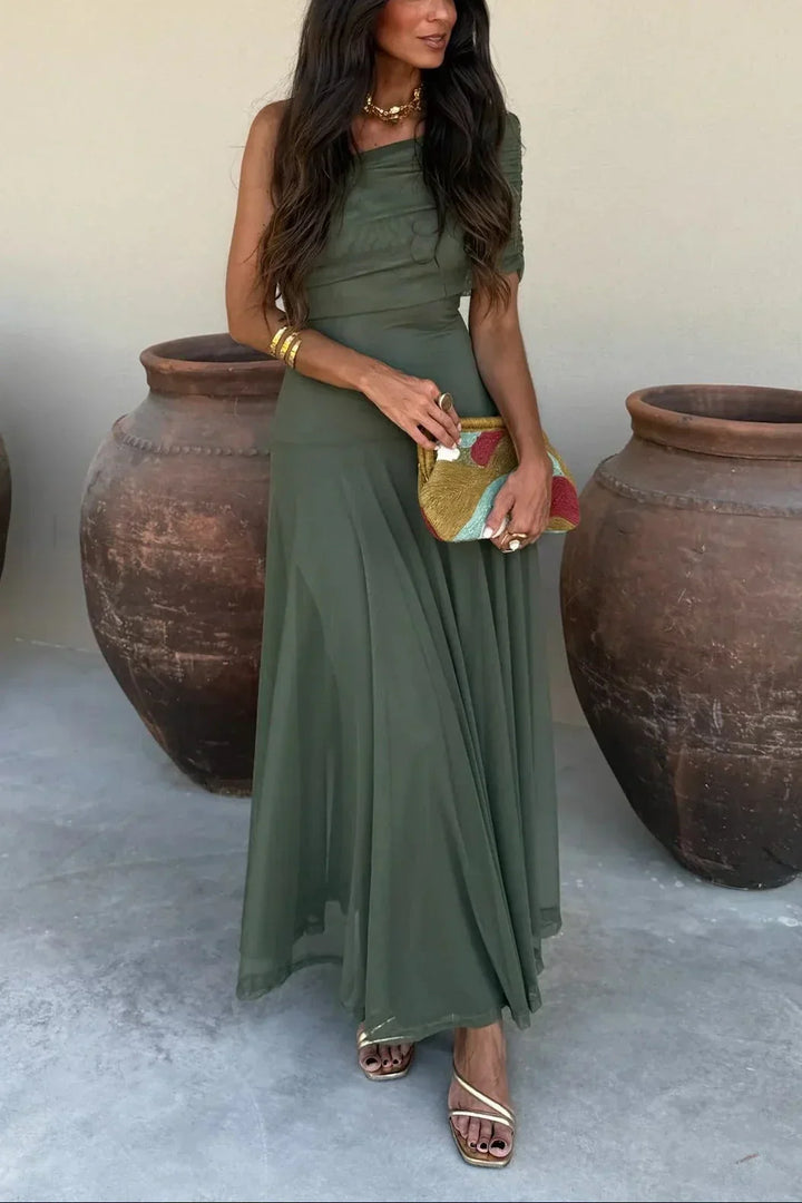 Damen Maxikleid für Hochzeitsgäste im Sommer mit One-Shoulder und Rüschung in Grün