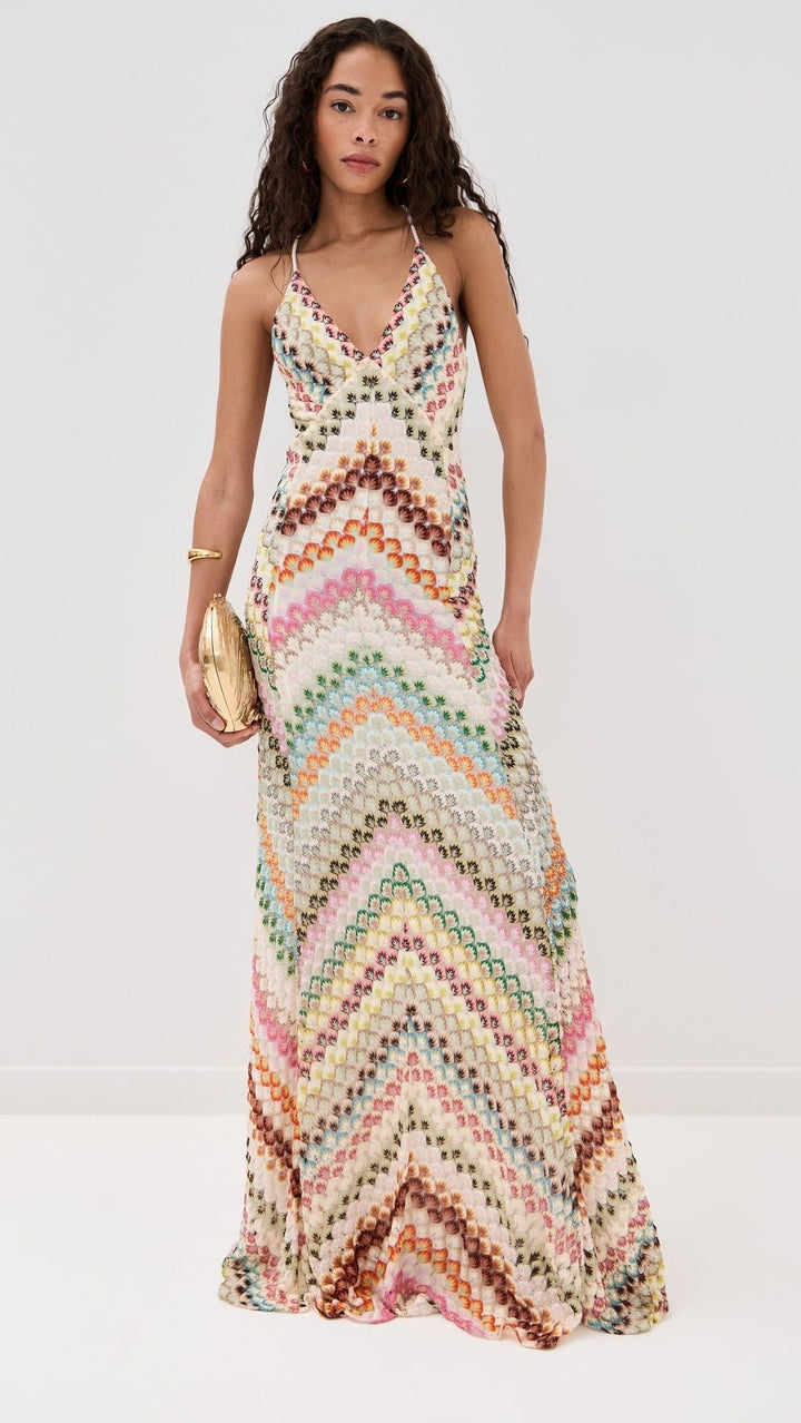 Damen Maxikleid für Hochzeitsgäste mit V-Ausschnitt im Crochet-Stil (4)