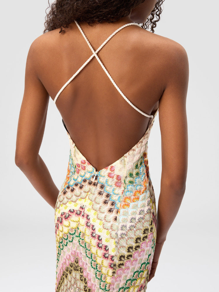 Damen Maxikleid für Hochzeitsgäste mit V-Ausschnitt im Crochet-Stil (7)