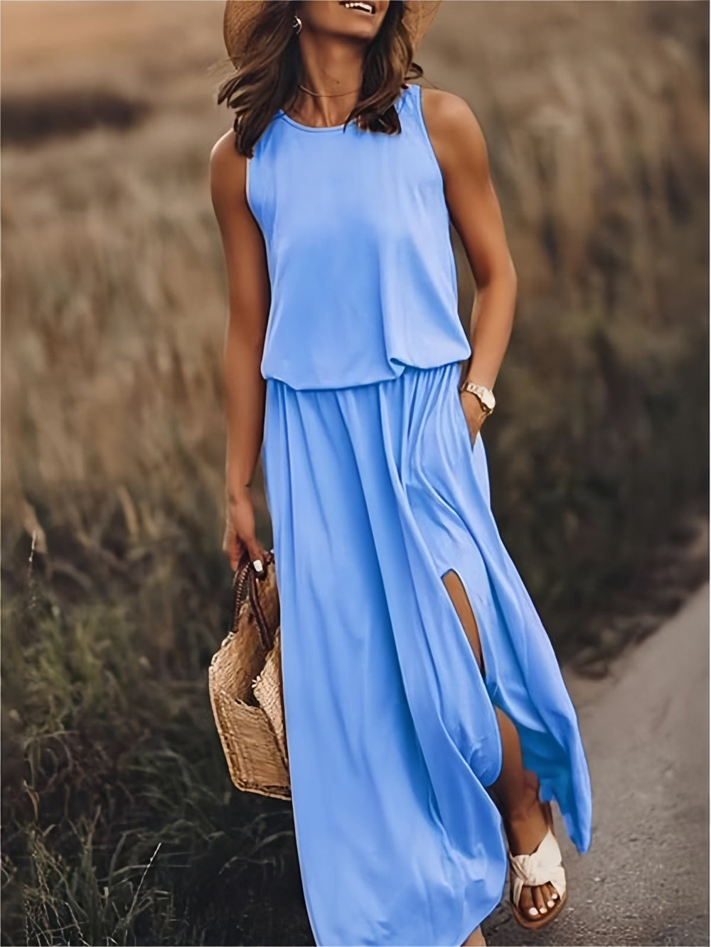 Damen Maxikleid im Boho-Stil für Herbsttage in Blau