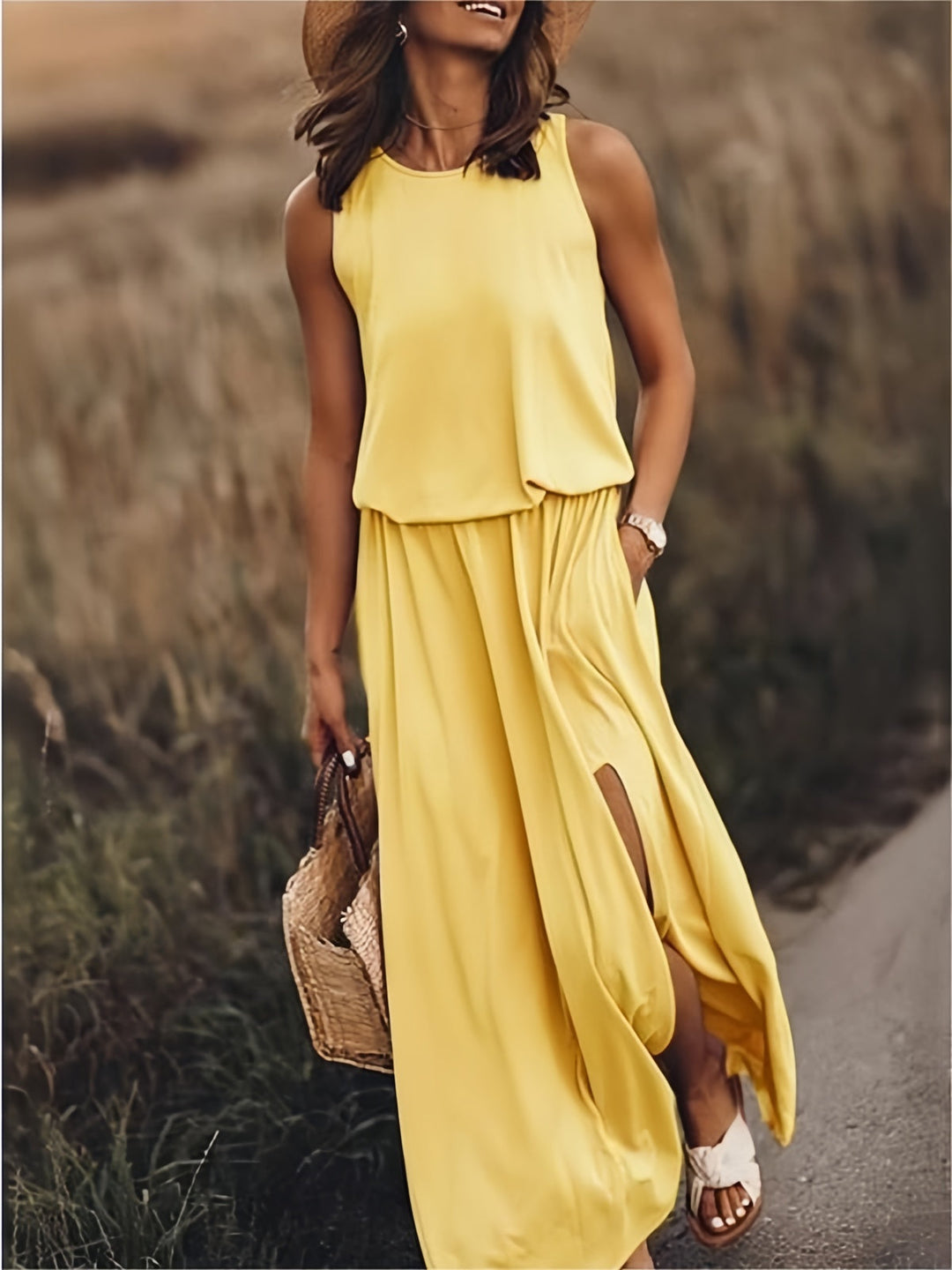 Damen Maxikleid im Boho-Stil für Herbsttage in Gelb