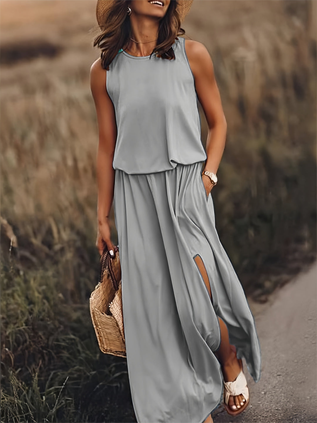 Damen Maxikleid im Boho-Stil für Herbsttage in Grau
