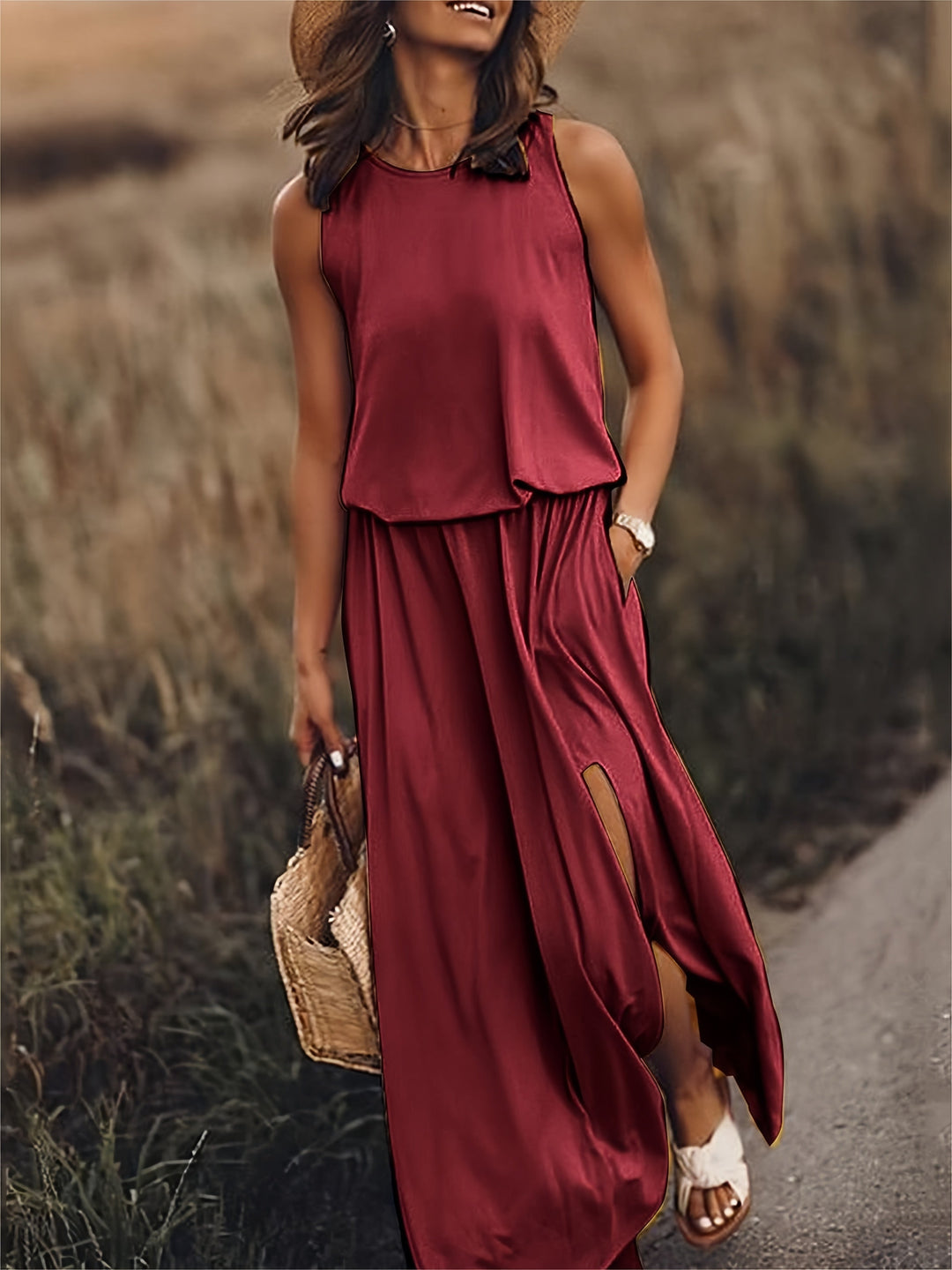 Damen Maxikleid im Boho-Stil für Herbsttage in Rot