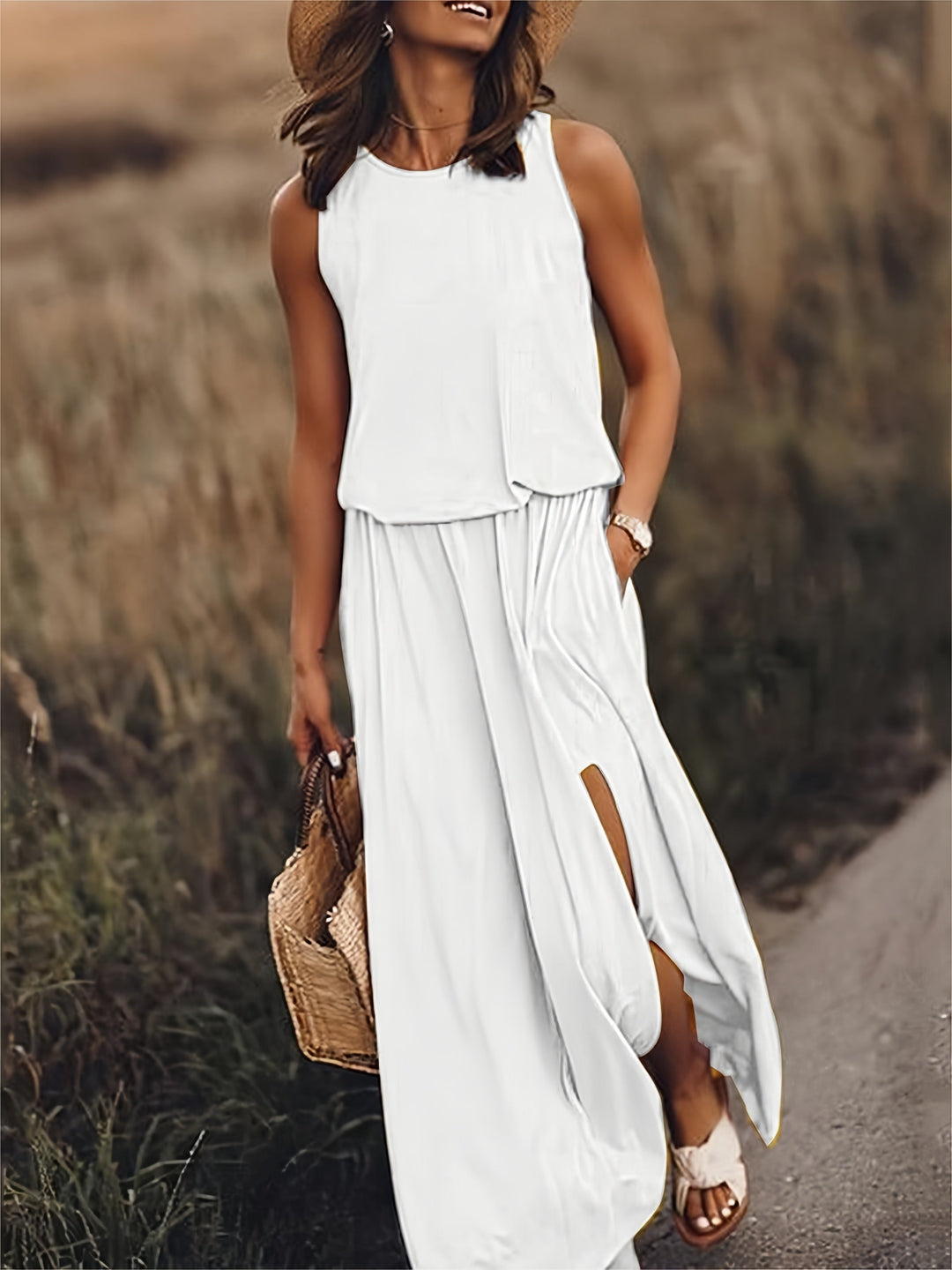 Damen Maxikleid im Boho-Stil für Herbsttage in Weiß