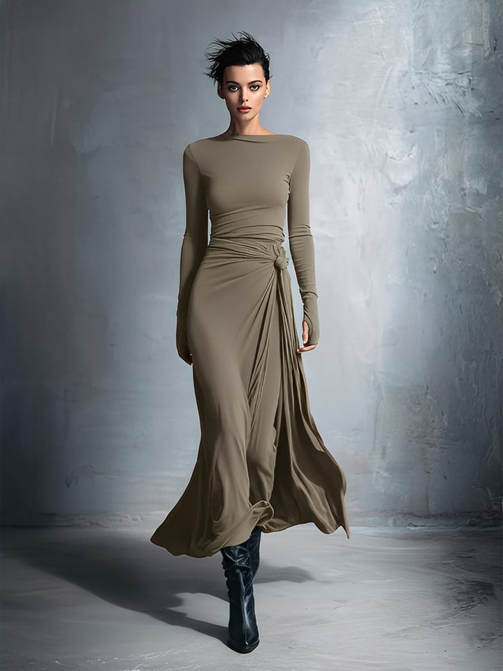 Damen Maxikleid im Wickel-Stil für Herbsthochzeiten in Khaki