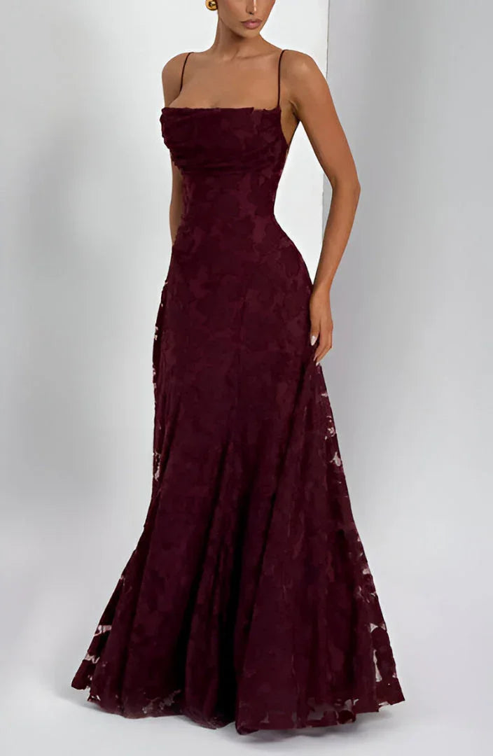 Damen Maxikleid mit feinem Blütenmuster und zarten Spaghettiträgern für Hochzeitsgäste (5)