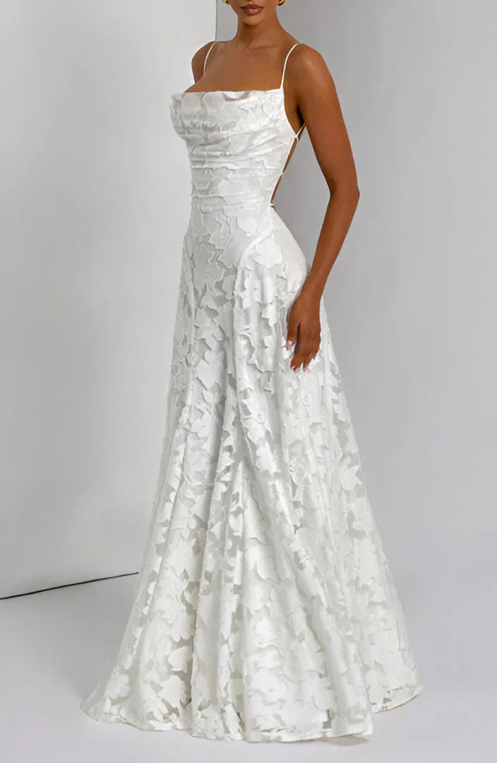 Damen Maxikleid mit feinem Blütenmuster und zarten Spaghettiträgern für Hochzeitsgäste (8)