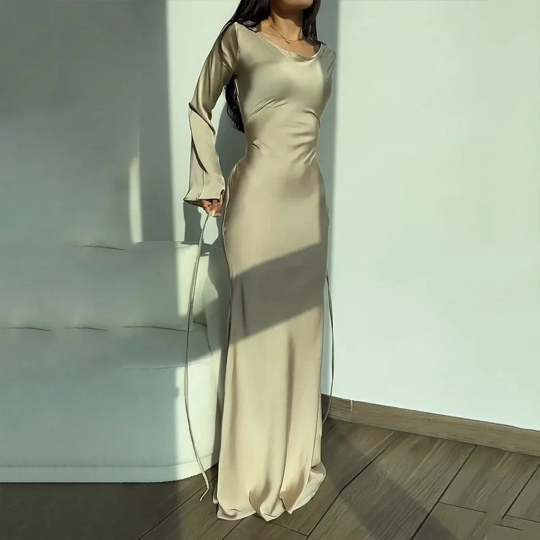 Damen Maxikleid mit Glockenärmeln für Hochzeitsgäste in Beige