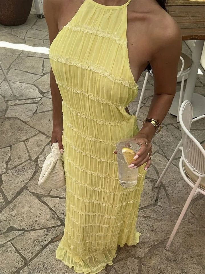 Damen Maxikleid mit Halter-Ausschnitt für Hochzeitsgäste in Żółty