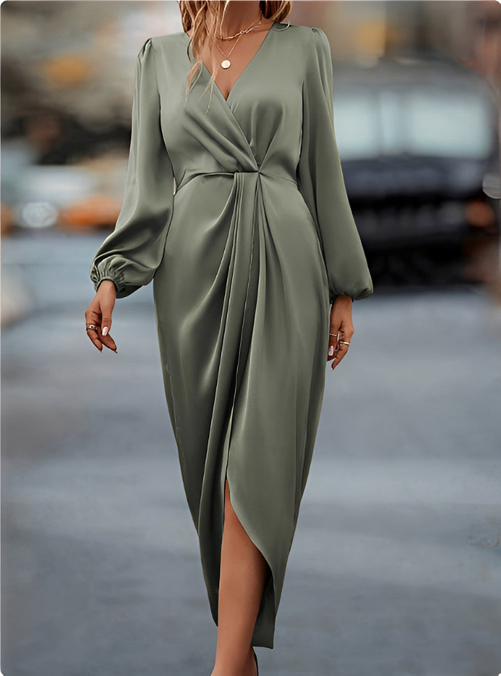 Damen Maxikleid mit Langarmeln und Wickelausschnitt für Hochzeitsgäste in Zielony Jasno
