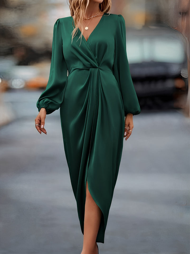 Damen Maxikleid mit Langarmeln und Wickelausschnitt für Hochzeitsgäste in Zielony