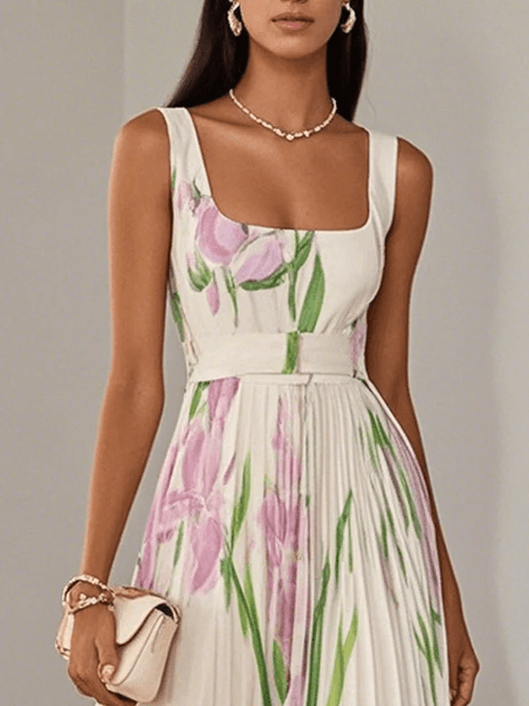 Damen Maxikleid mit Plissee und Tulpendruck für Hochzeitsgäste (3)