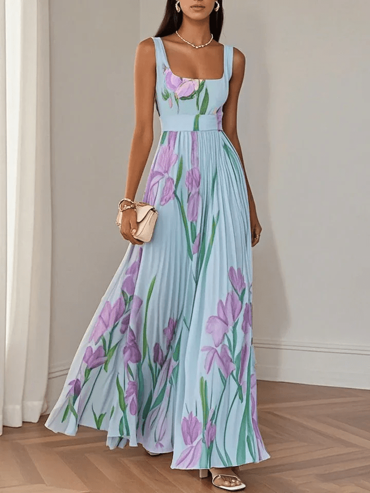 Damen Maxikleid mit Plissee und Tulpendruck für Hochzeitsgäste in Blau
