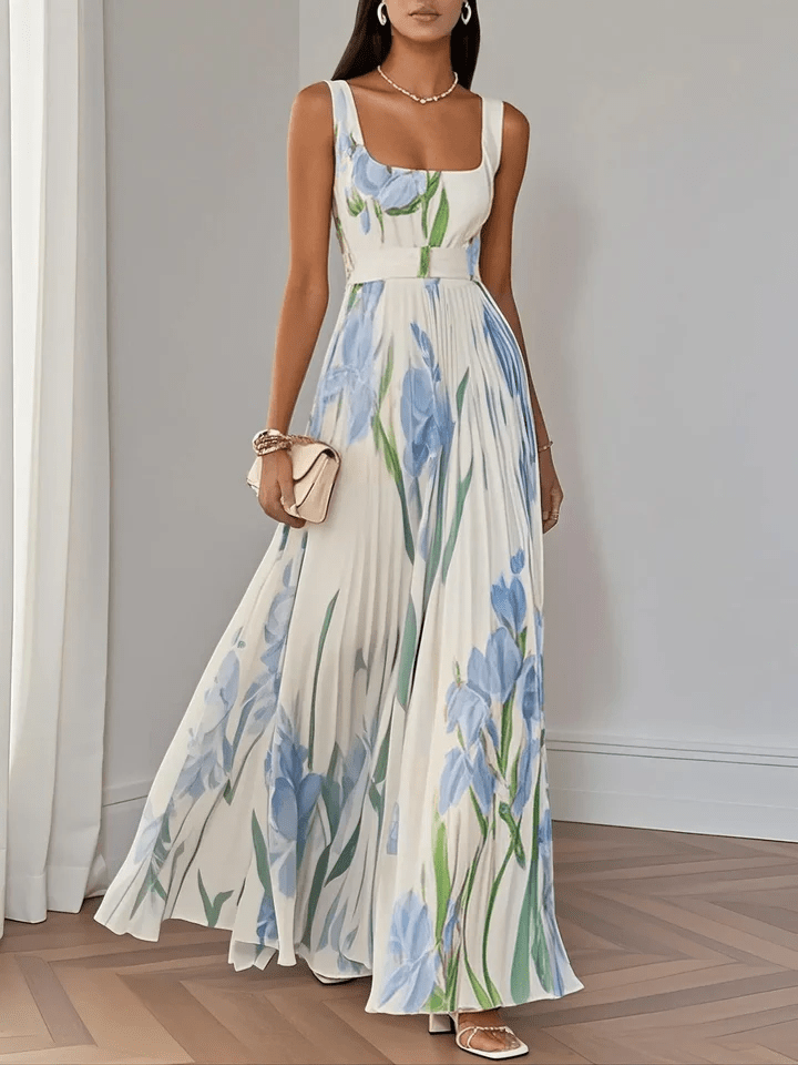Damen Maxikleid mit Plissee und Tulpendruck für Hochzeitsgäste in Hellblau