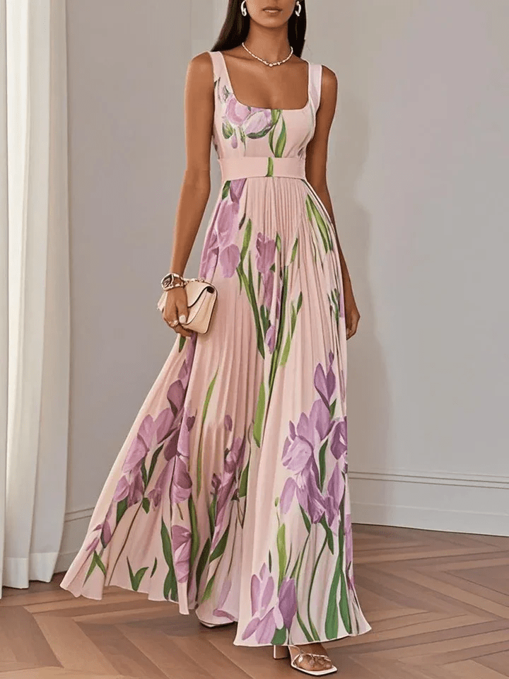 Damen Maxikleid mit Plissee und Tulpendruck für Hochzeitsgäste in Rosa
