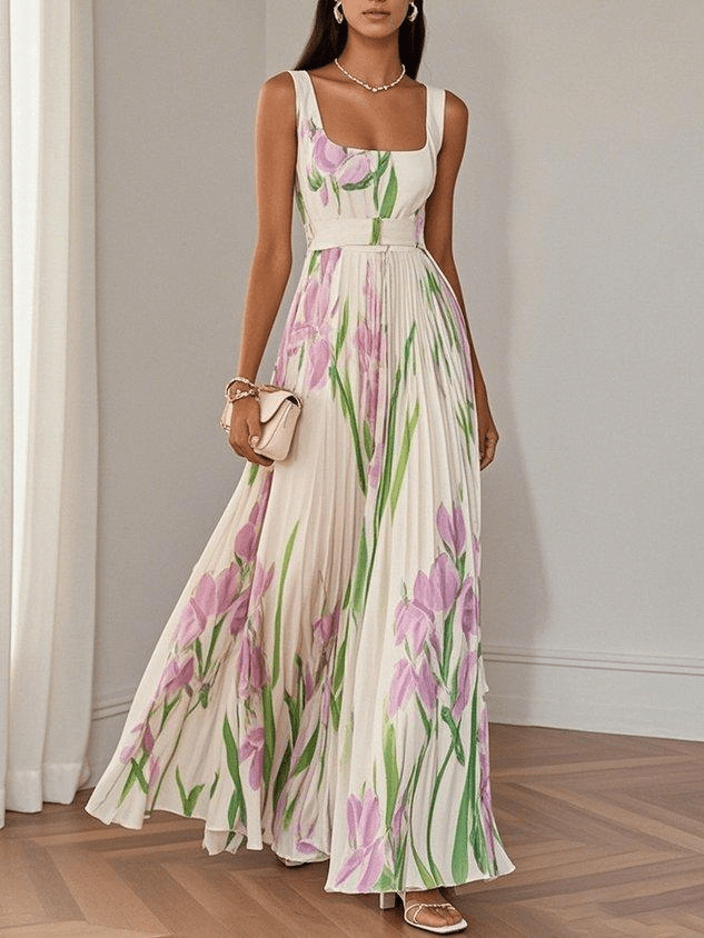 Damen Maxikleid mit Plissee und Tulpendruck für Hochzeitsgäste in Weiß
