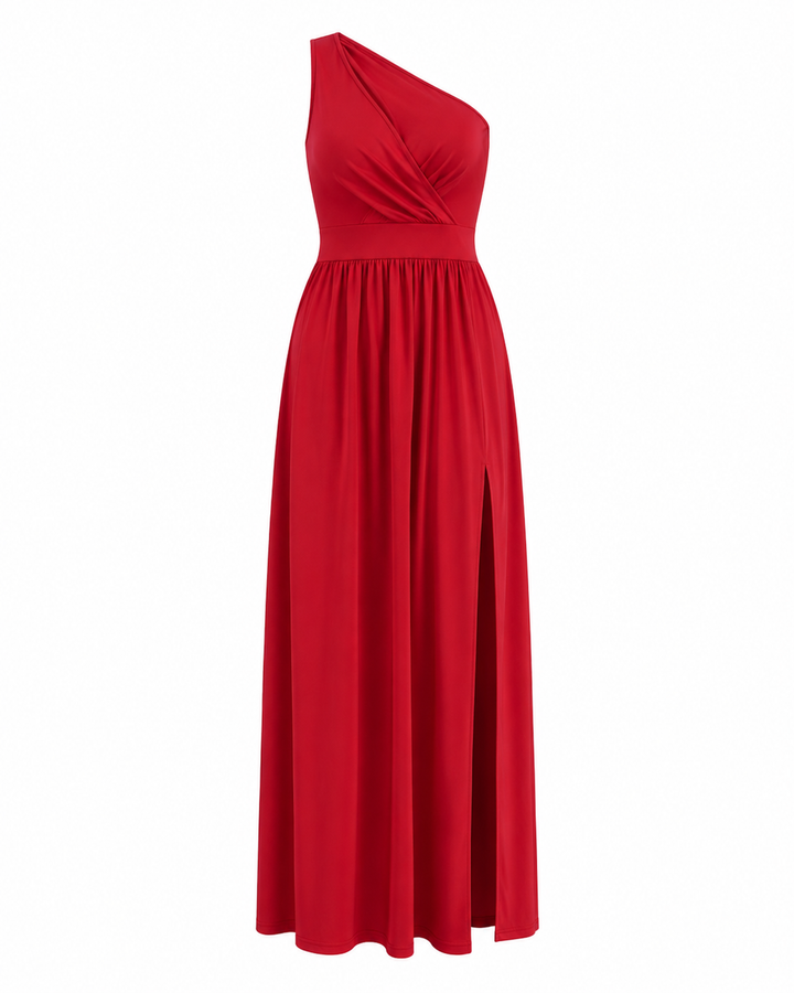 Damen Maxikleid mit Schlitz und asymmetrischer Schulter (5)