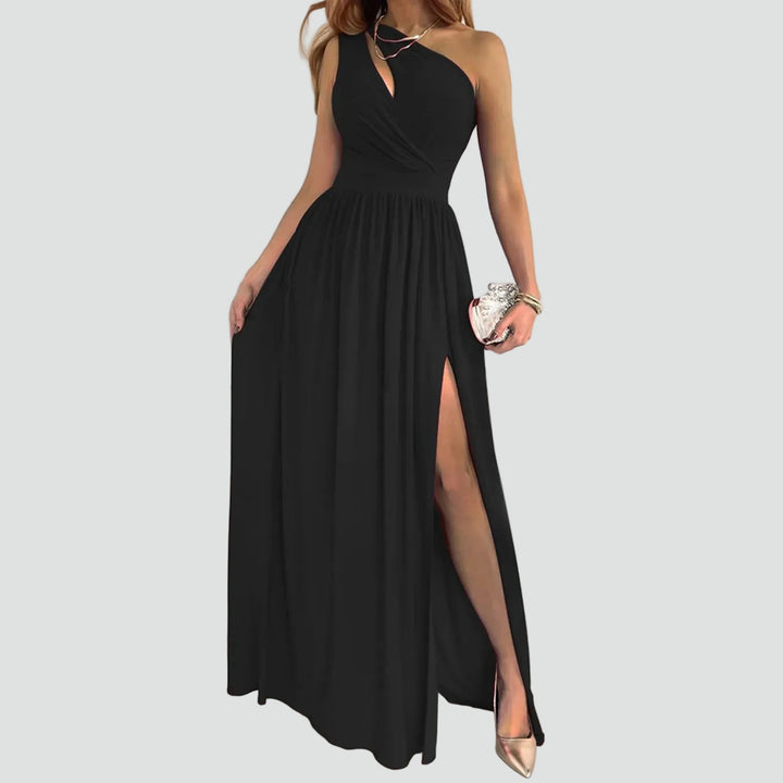 Damen Maxikleid mit Schlitz und asymmetrischer Schulter in Schwarz
