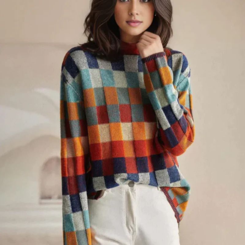 Damen Merino Strickpullover mit Karo-Muster (2)