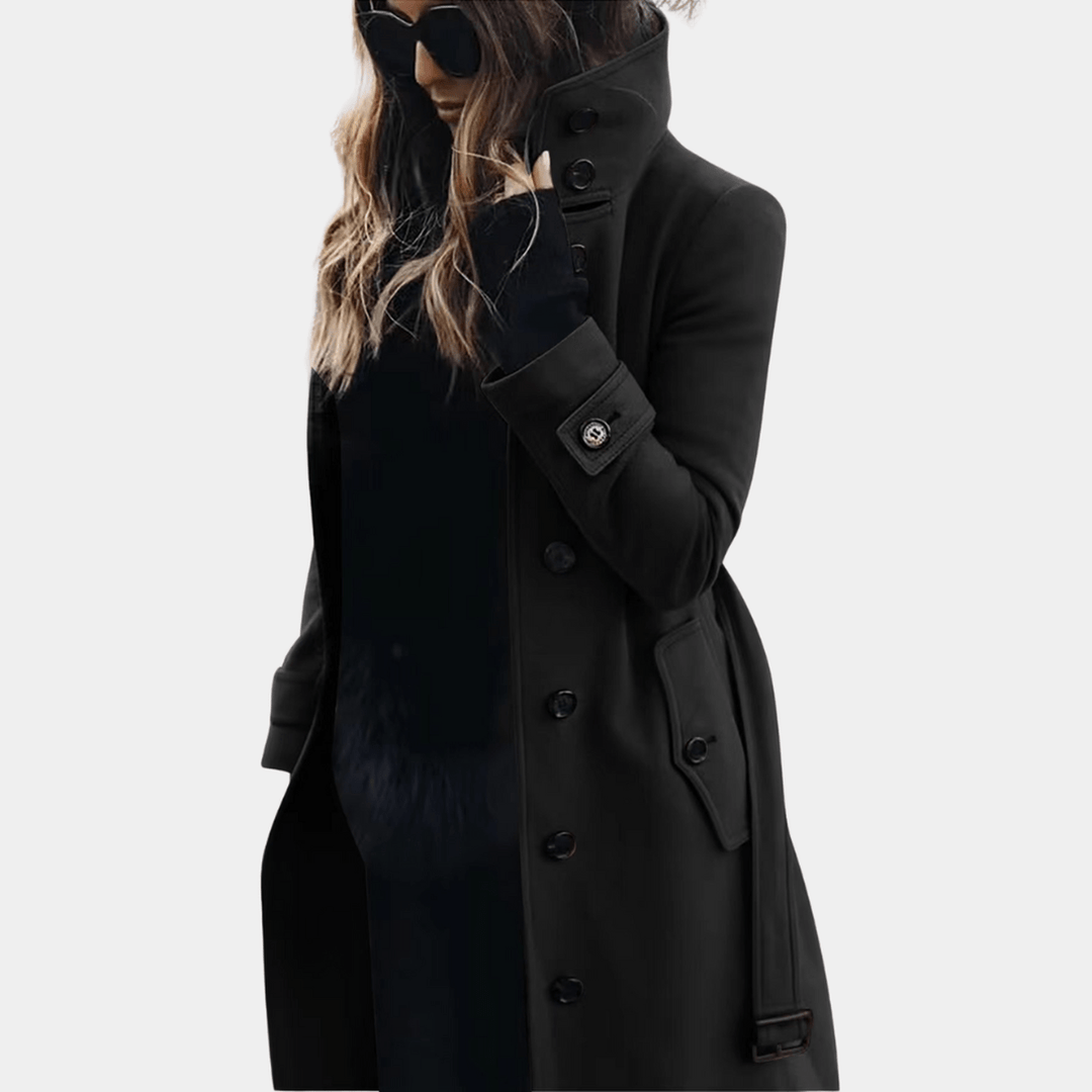 Damen Midi Trench-Jacke im klassischen Stil in Schwarz