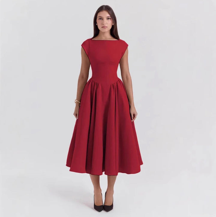 Damen Midikleid mit Puffärmeln für Hochzeitsgäste in Rot