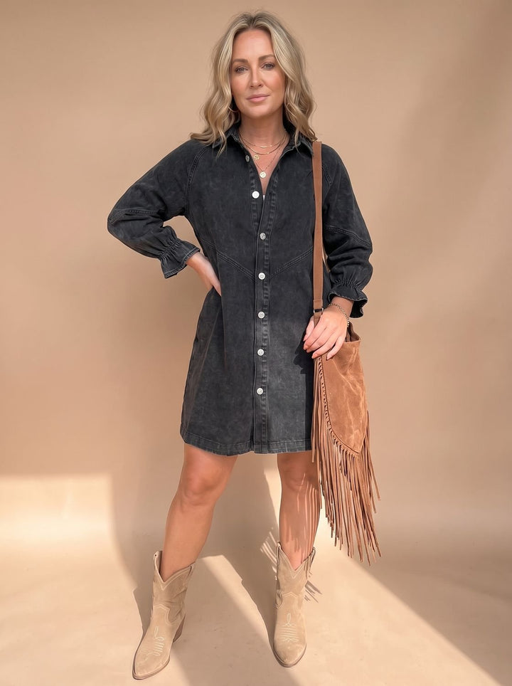 Damen Mini-Bluse Acid-Wash Denim für Alltag (10)