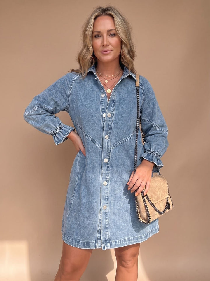 Damen Mini-Bluse Acid-Wash Denim für Alltag in Blau