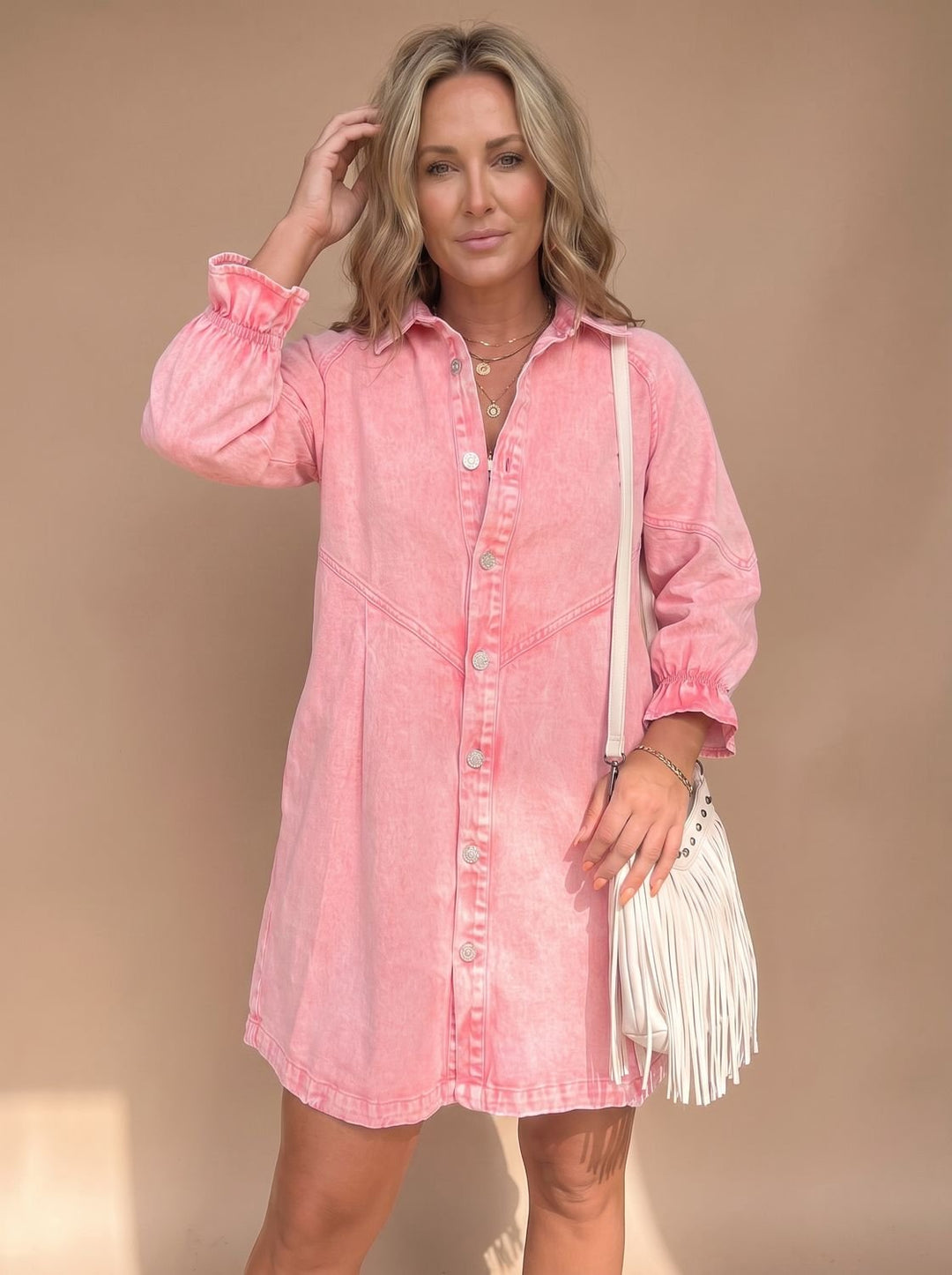 Damen Mini-Bluse Acid-Wash Denim für Alltag in Rosa
