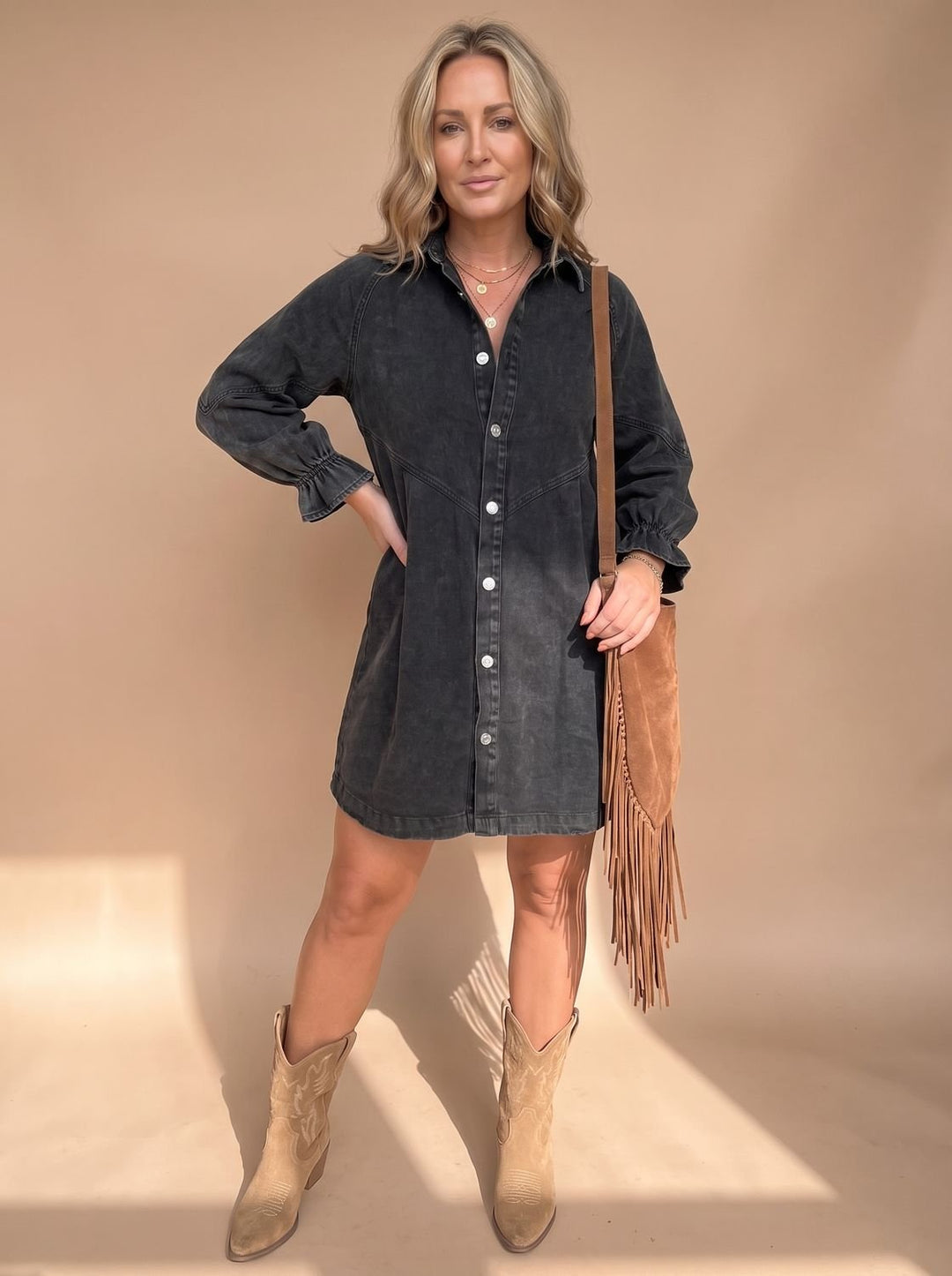 Damen Mini-Bluse Acid-Wash Denim für Alltag in Schwarz