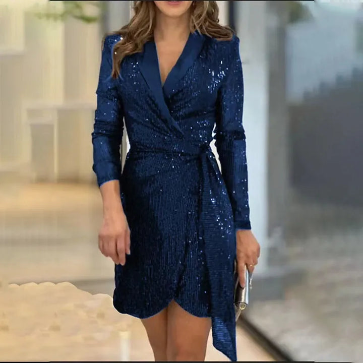 Damen Mini Pailletten Blazer-Kleid für Hochzeitsgäste in Blau