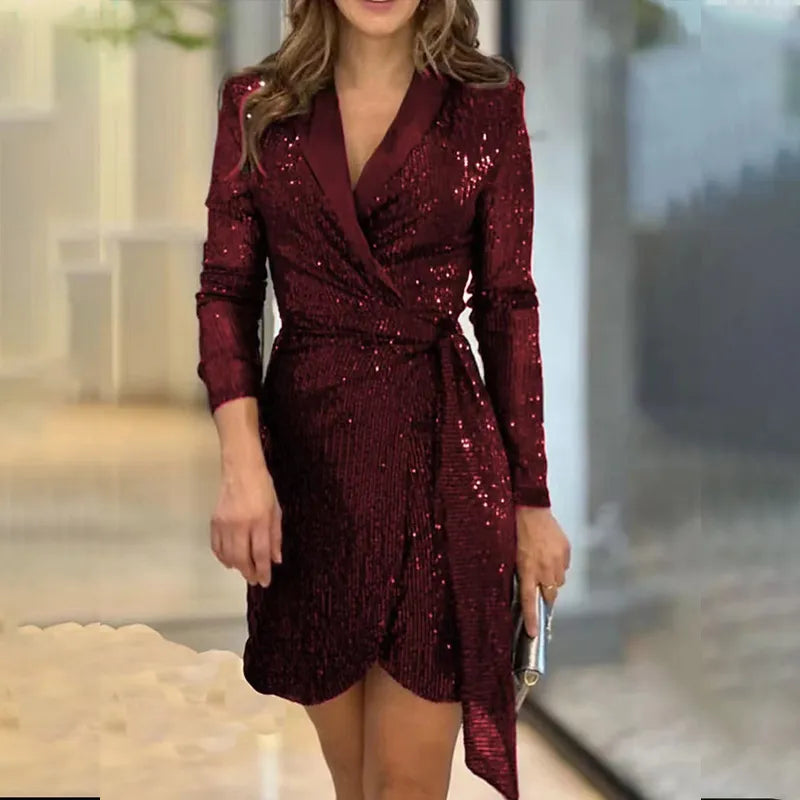 Damen Mini Pailletten Blazer-Kleid für Hochzeitsgäste in Rot