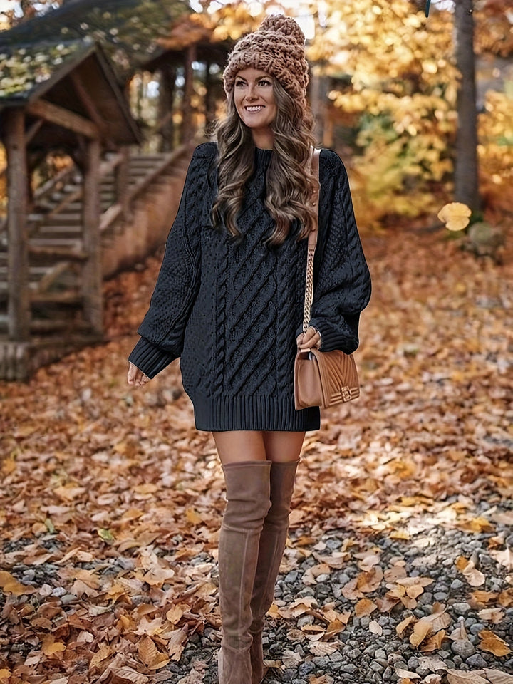 Damen Mini-Strickkleid im Kabelstrick für Herbst in Schwarz 5