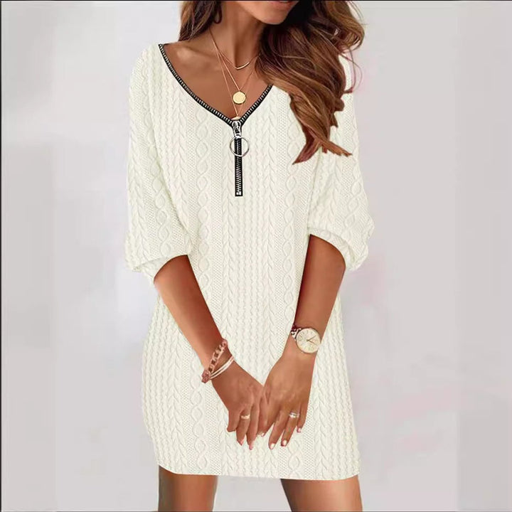 Damen Mini Strickkleid Kabelstrick Dreiviertelärmel (3)