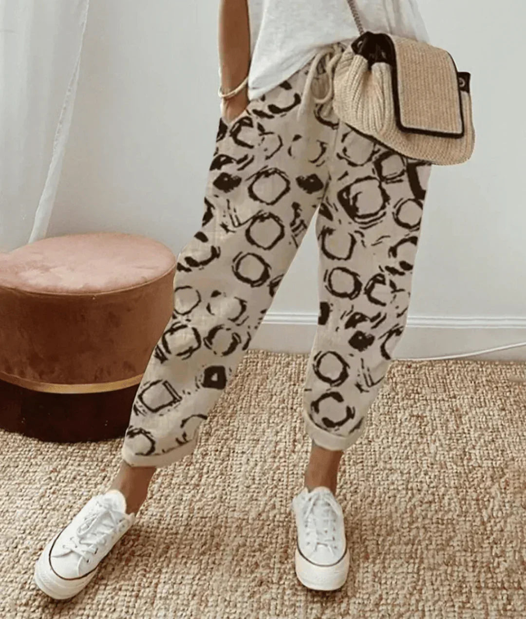 Damen Mühelose Leinenhose in Beige (mit Kreismuster)