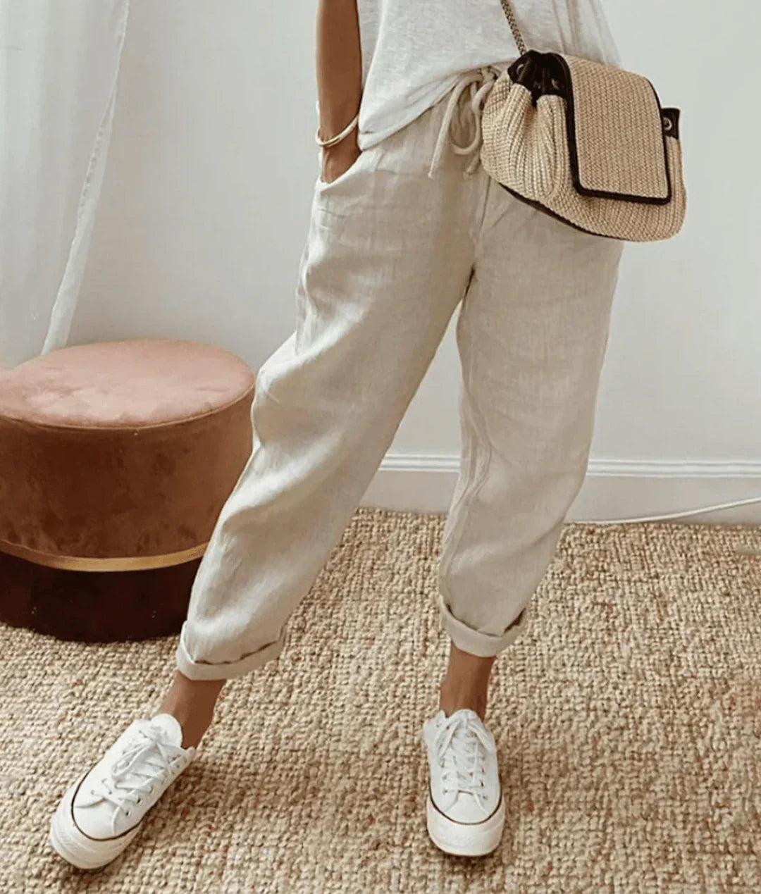Damen Mühelose Leinenhose in Beige