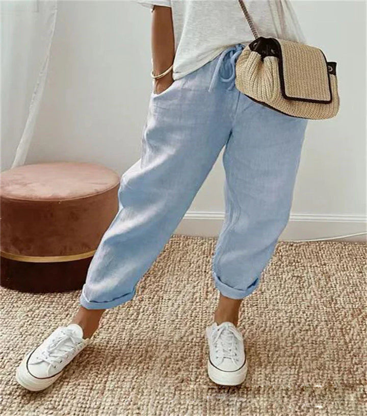 Damen Mühelose Leinenhose in Blau